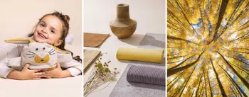 Collage mit lachendem Mädchen und Stofftier, nachhaltigen Stoffmustern und Blick in einen herbstlichen Wald mit goldgelben Blättern. Symbol für Natürlichkeit, Umweltbewusstsein und nachhaltige Möbelproduktion.